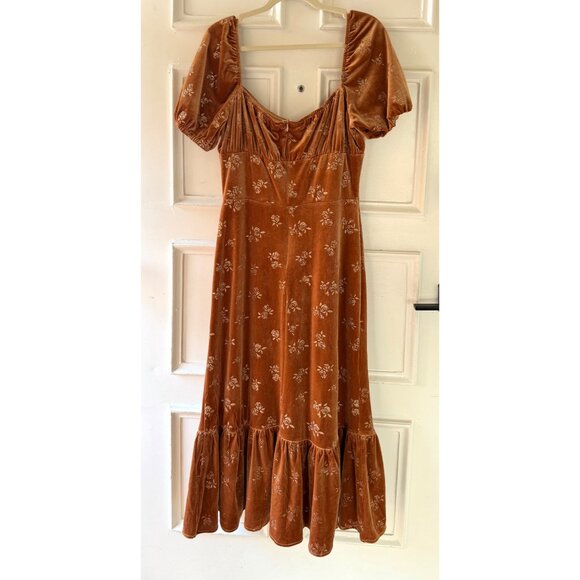 Lait Collection Velvet Dress Size XL Rust Floral Puff Sleeve Ruffle Hem Retro - Picture 15 of 17